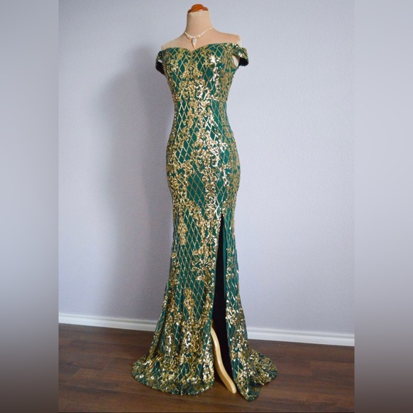 Prom 2025 Holiday Green Gold Long Formal Pageant Sequin Evening Gown Dress S 4/6 - Picture 9 of 10